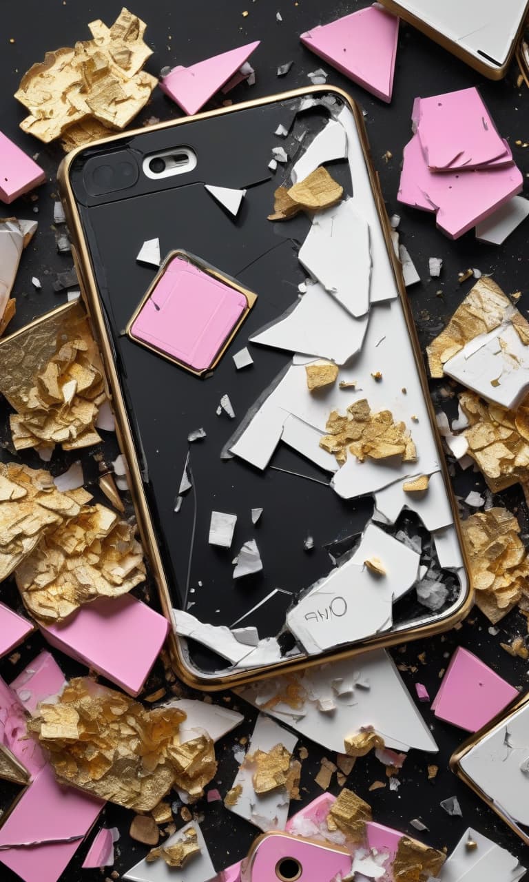  concept art black, white, gold, pink broken gold phone, shards, chips . digital artwork, illustrative, painterly, matte painting, highly detailed, perfect hands