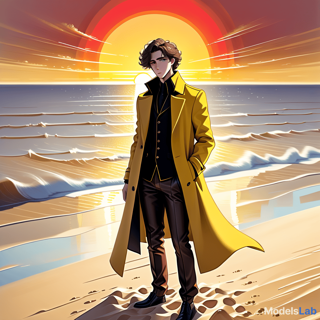  architectural style a young man stands on a beach where the soft sand extends to the horizon. he has long dark brown hair, which flies slightly in the breeze. his face, with pronounced jewish and slavic features, radiates lively energy. brown eyes are full of deep emotions, as if reflecting the vast expanses of the ocean. he wears a bright yellow coat that seems to shine, catching the eye and contrasting with the soft shades of the sunset. under his coat he wears a black shirt and black pants are decorated with yellow elements, creating a stylish and dynamic look. the sunset blooms in the sky, turning the surrounding space into a magical spectacle. the bright red rays of the sun fall on the terrain in stripes, highlighting the sandy shore a