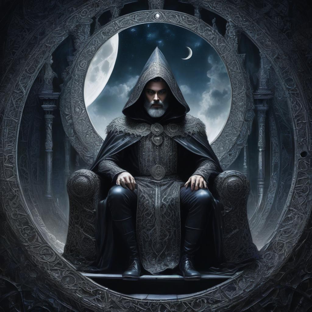  judge on the throne. black dungeon. a man in a cloak and hood. the man in the grotto. judge on the throne. black dungeon. moon. moonlight. big moon. silver rays. stylistics: intricate zentangle patterns in the manner of karol bak, rahaf dk albab, andrew jones. bright colors. high quality and detail. hdr. masterpiece. double exposure.