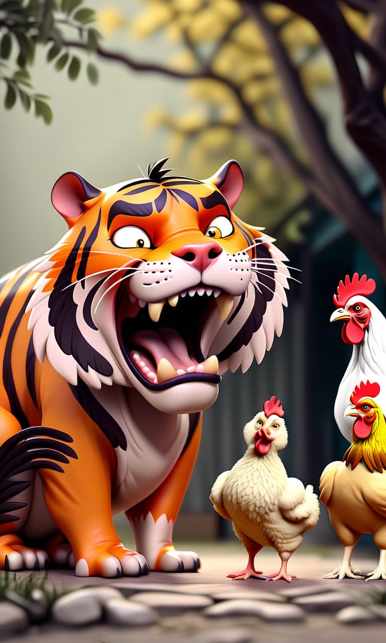  the picture is divided into 3 parts: 1 growling tiger 2 a hen with chickens 3 sad dog