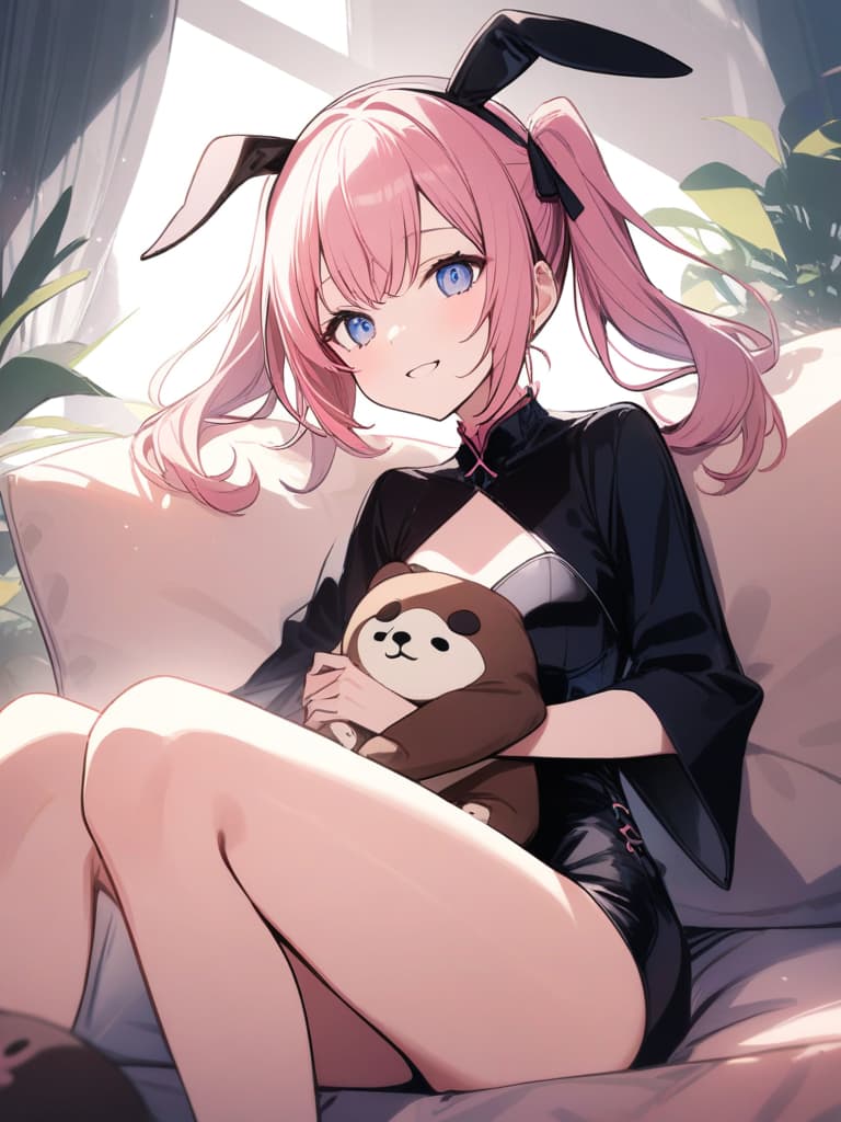  masterpiece,one girl,delicate pink hair color,(twin tail hairstyle),(wearing black bunny ears catsuit),delicate blue eye color,smiling,wearing black bunny girl uniform,blake！(((cute stuffed sloth on lap))),(((holding sloth))),sitting on plush sofa,table in foreground,gorgeous parfait on table,high quality,16k