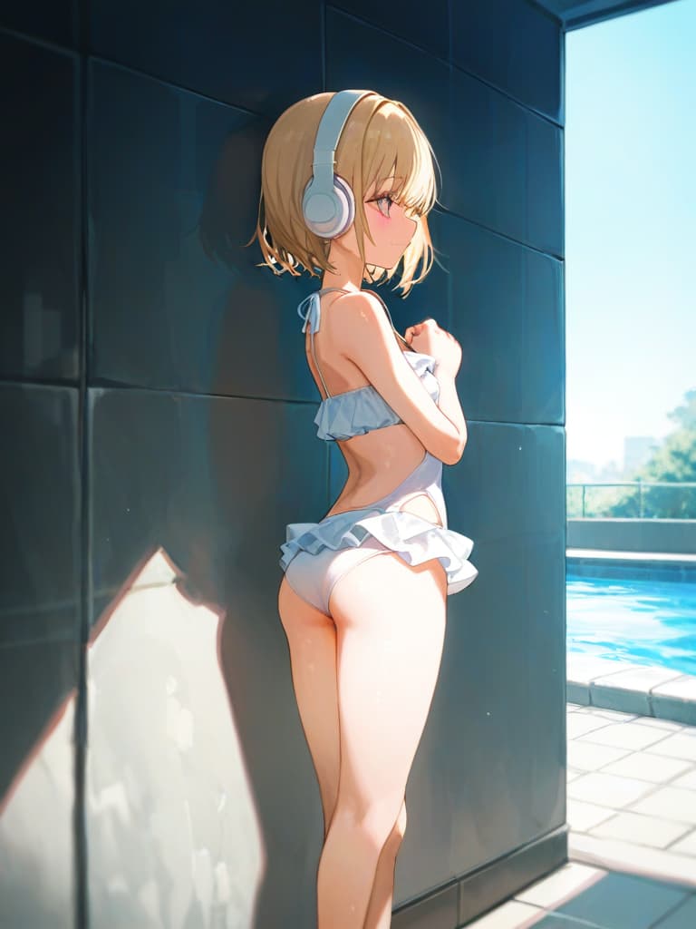  white swimwear, white headphones, blonde twin tails, pools, poses on the wall, pose to show your back, , legs, whole body, frill pareo, masterpiece, best quality,8k,ultra detailed,high resolution,an extremely delicate and beautiful,hyper detail