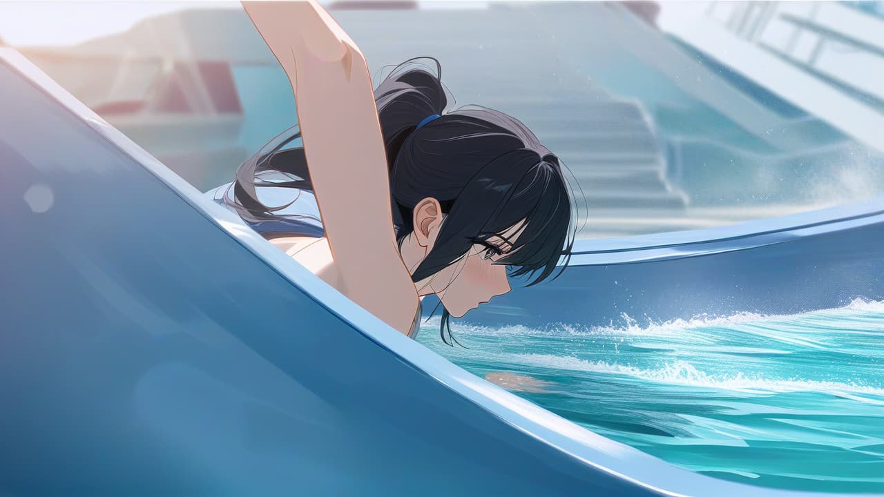  cute mature anime with black hair ponytail sliding down a curved water slide, compeion , close up, anime style, action shot, full body . best quality, high resolution