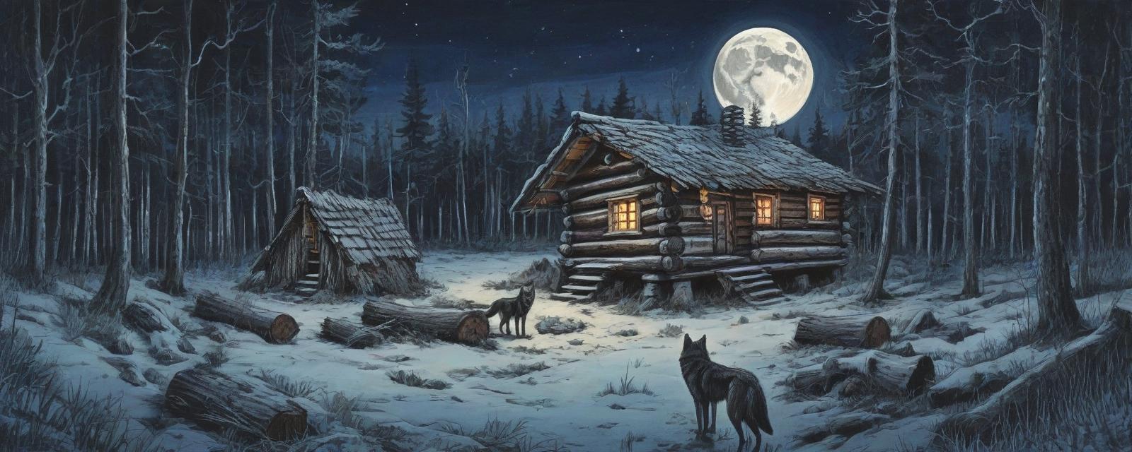  color drawing. night, moon, old little log house surrounded by dense forest. in the foreground are wolves