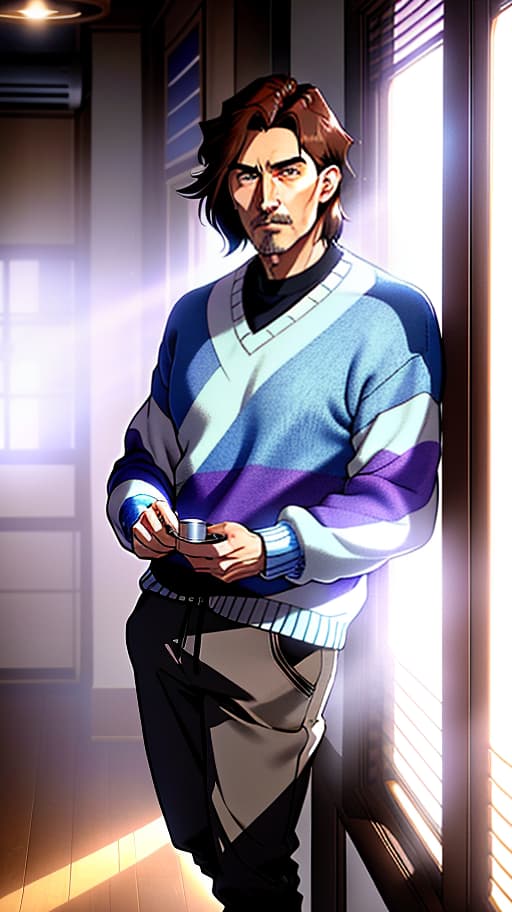  a man of 17 years. the hair is brown, medium to shoulder. the eyes are brown. it's got a blue sweater with purple horizontal stripes and black sneakers. music, manga big eyes expressive faces colorful hair hayao miyazaki masashi kishimoto makoto shinkai clamp yoshiyuki sadamoto hyperrealistic, full body, detailed clothing, highly detailed, cinematic lighting, stunningly beautiful, intricate, sharp focus, f/1. 8, 85mm, (centered image composition), (professionally color graded), ((bright soft diffused light)), volumetric fog, trending on instagram, trending on tumblr, HDR 4K, 8K