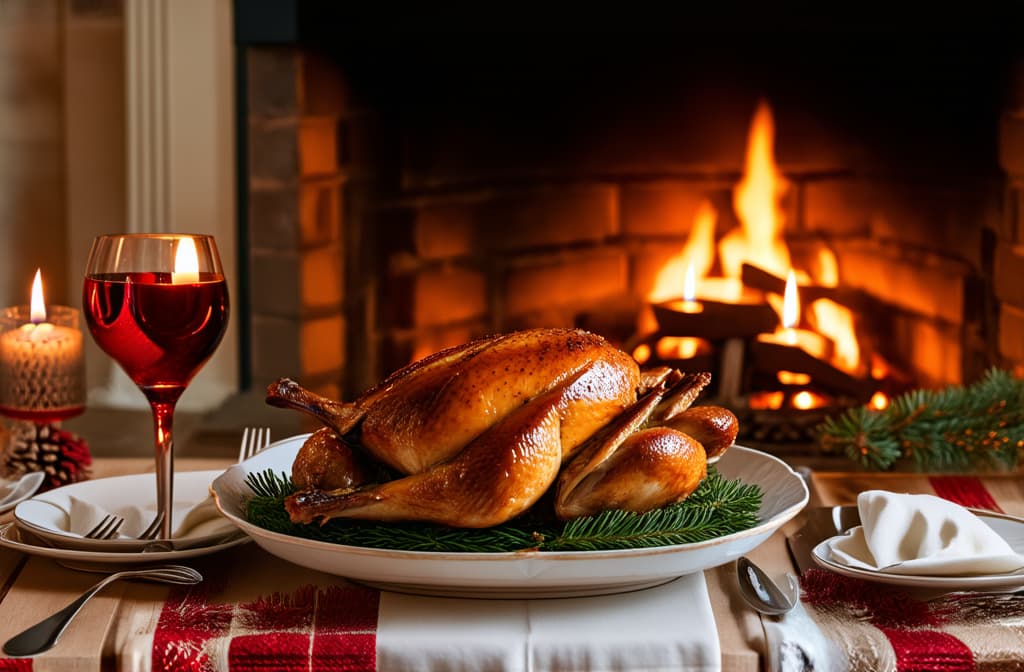  professional detailed photography, festive table set for christmas with roast duck in candlelight by the fireplace ar 3:2, (muted colors, dim colors, soothing tones), (vsco:0.3)