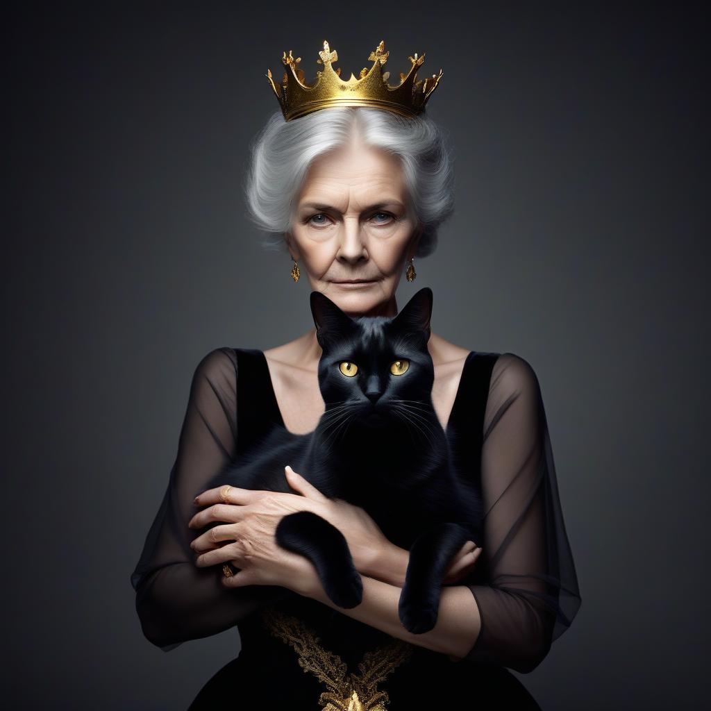  a black cat in a golden crown in the arms of a gray haired old woman in a strict black dress. the crown is put on the cat. half darkness, mystical light.