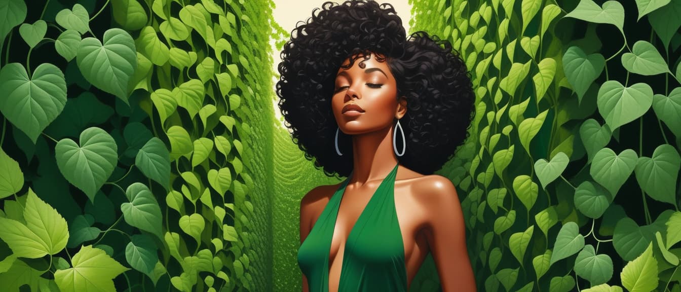  minimalism, a beautiful black woman surrounded by green vines. their entire body., abstract, simple geometic shapes, hard edges, sleek contours, minimalism