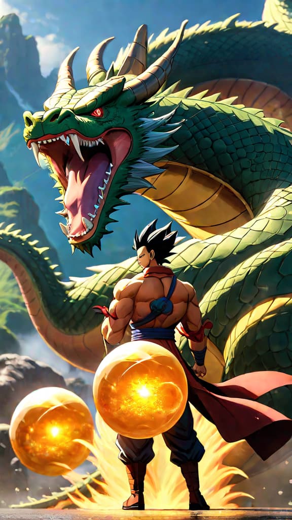  anime art: shenron grants one wish and scatters into seven dragon balls. hyperrealistic, full body, detailed clothing, highly detailed, cinematic lighting, stunningly beautiful, intricate, sharp focus, f/1. 8, 85mm, (centered image composition), (professionally color graded), ((bright soft diffused light)), volumetric fog, trending on instagram, trending on tumblr, HDR 4K, 8K