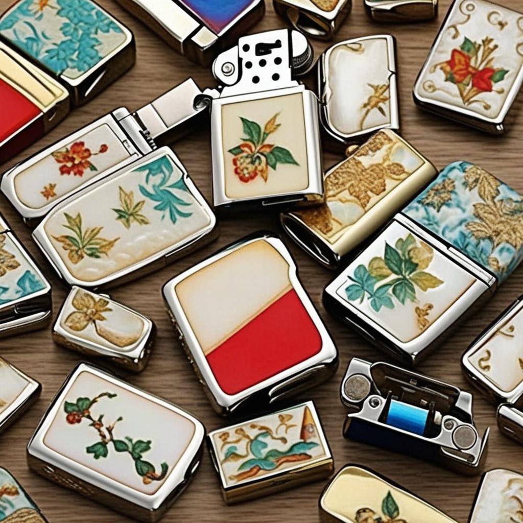  masterpiece, best quality,Draw a Zippo kerosene lighter shell decorated with figures, patterns using mother-of-pearl craft, put the lighter on the table