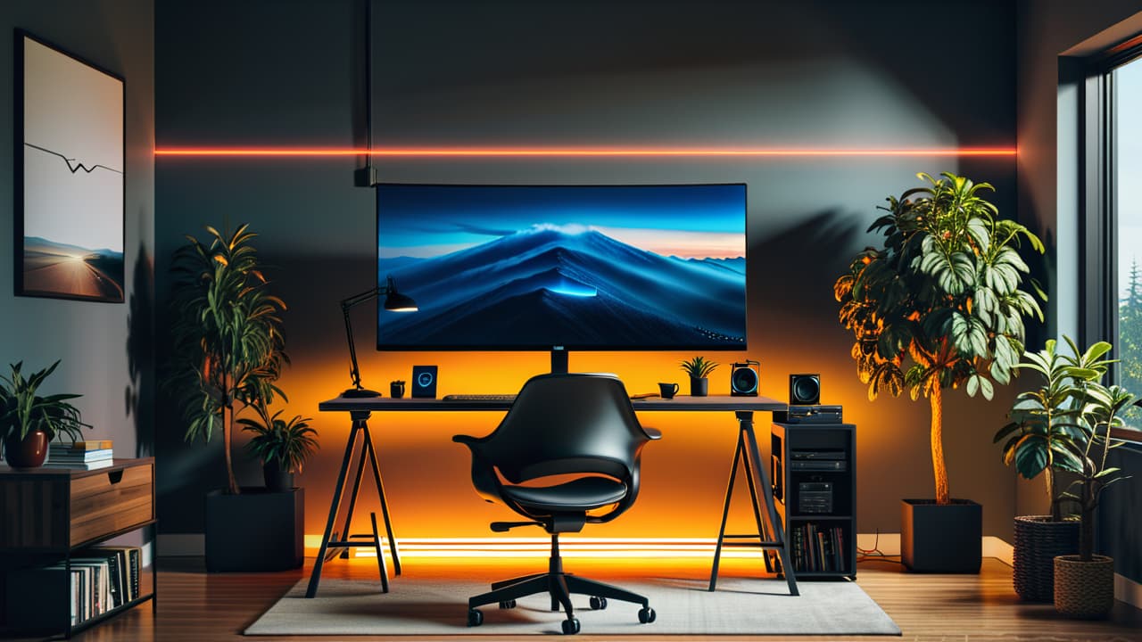  a sleek home office featuring an ergonomic chair, a modern standing desk, ambient led lighting, a stylish monitor stand, wireless charging pad, and organized cable management, all set against a fresh, minimalist backdrop. hyperrealistic, full body, detailed clothing, highly detailed, cinematic lighting, stunningly beautiful, intricate, sharp focus, f/1. 8, 85mm, (centered image composition), (professionally color graded), ((bright soft diffused light)), volumetric fog, trending on instagram, trending on tumblr, HDR 4K, 8K