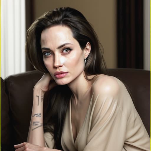  angelina jolie crying in her living room. exact look. sad. dramatic.