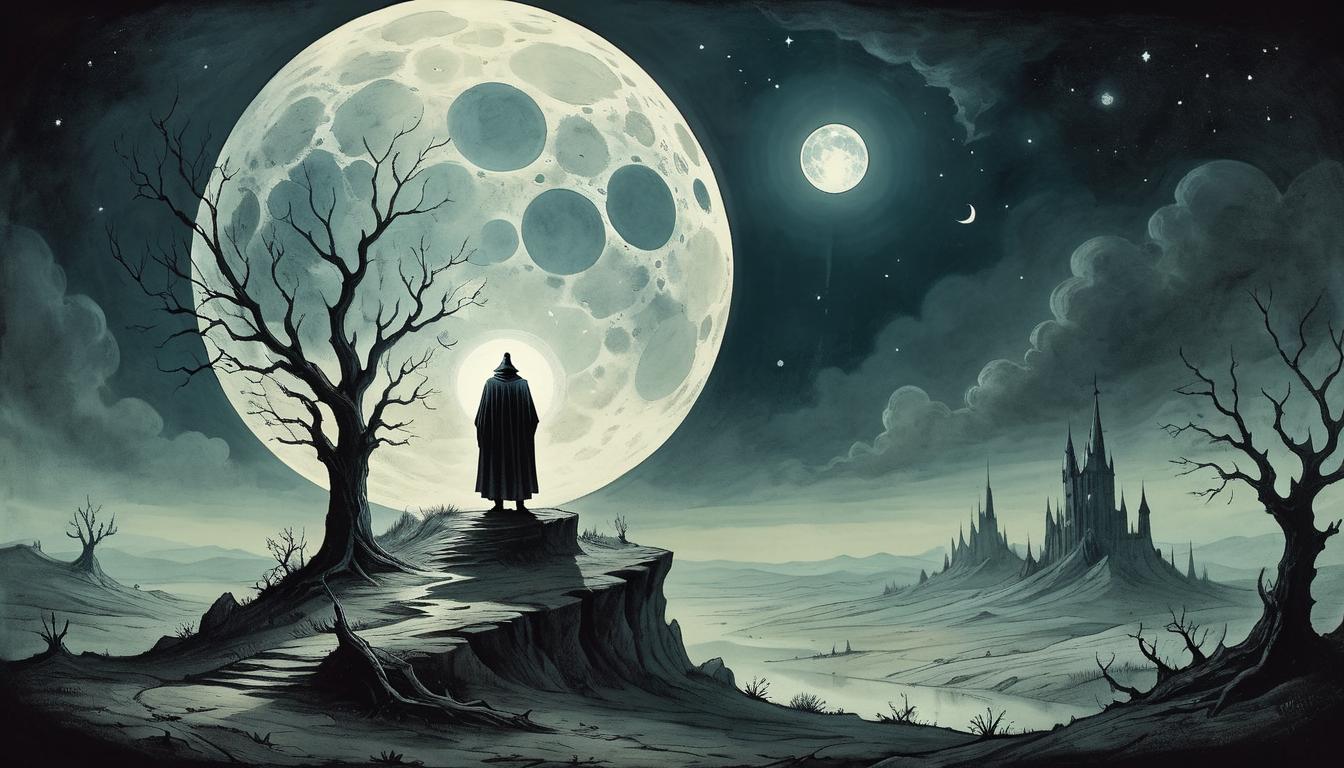  on parchment, surrealism+++, a shadowy figure standing under moonlight, truth symbolized as a glowing orb hovering above hands, eerie luminescence, barren landscape, somber, revelatory(mysterious, provocative, symbolic,muted color)+++