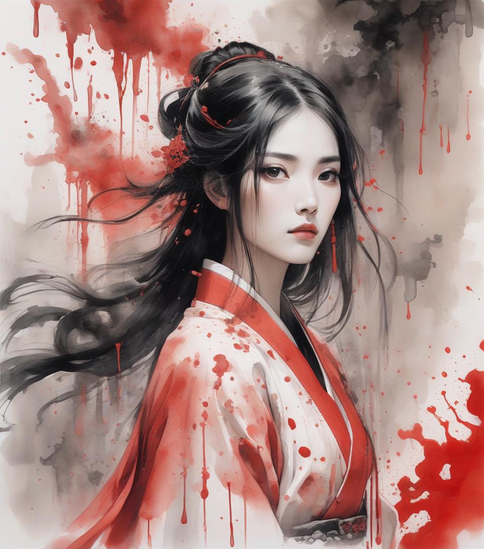  a painting of a woman in red with black hair, in the style of delicate ink washes, epic fantasy scenes, chinese painting, splattered/dripped, white background, traditional costumes, soft focus lens