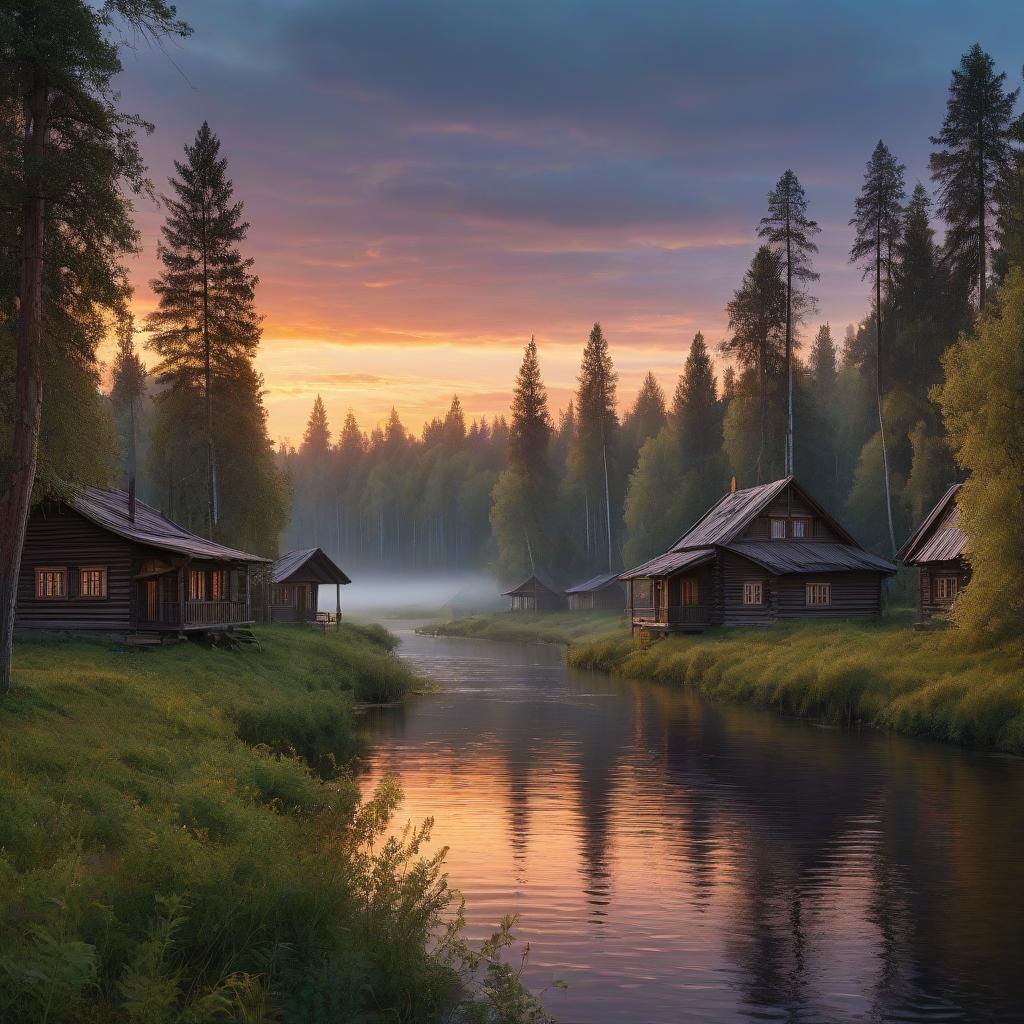  minimalist style a russian village. wooden houses. sunset. river. forest. vector graphics, by gounod weber, computer graphics on trend, digital art, laurie earley, elegant oil painting, stunning, 1024 pixel profile photo, . simple, clean, uncluttered, modern, elegant hyperrealistic, full body, detailed clothing, highly detailed, cinematic lighting, stunningly beautiful, intricate, sharp focus, f/1. 8, 85mm, (centered image composition), (professionally color graded), ((bright soft diffused light)), volumetric fog, trending on instagram, trending on tumblr, HDR 4K, 8K