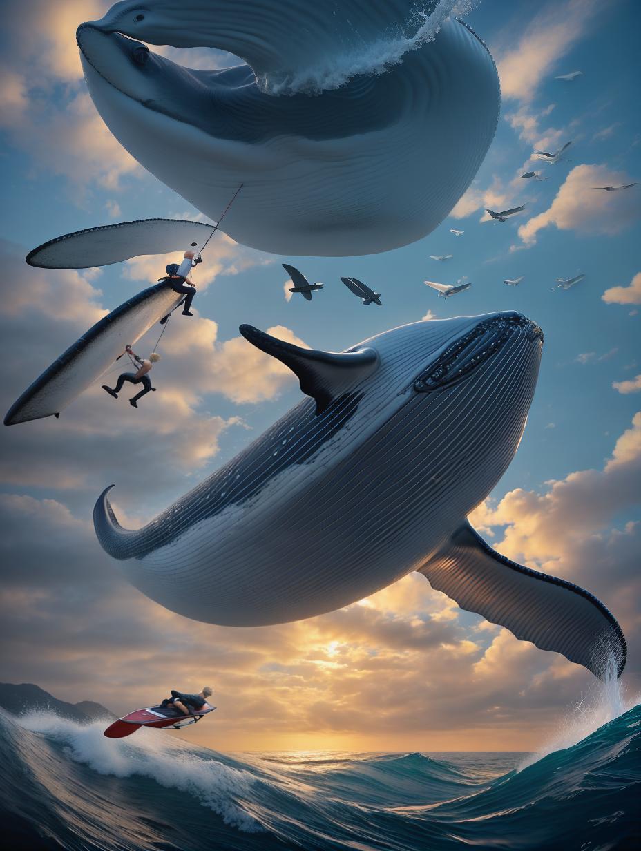  create a hyper realistic image of a flying whale with a blond haired boy riding on its back. they are surfing over a turbulent sea. hyperrealistic, full body, detailed clothing, highly detailed, cinematic lighting, stunningly beautiful, intricate, sharp focus, f/1. 8, 85mm, (centered image composition), (professionally color graded), ((bright soft diffused light)), volumetric fog, trending on instagram, trending on tumblr, HDR 4K, 8K