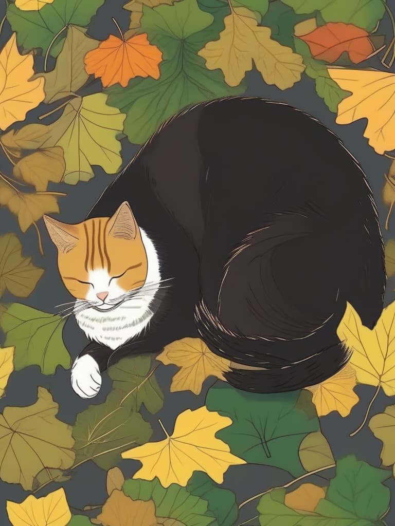  1cat ,japanese cat,cat sleeping on fallen leaves,falling ginkgo leaves,ginkgo forest,midday sunshine,