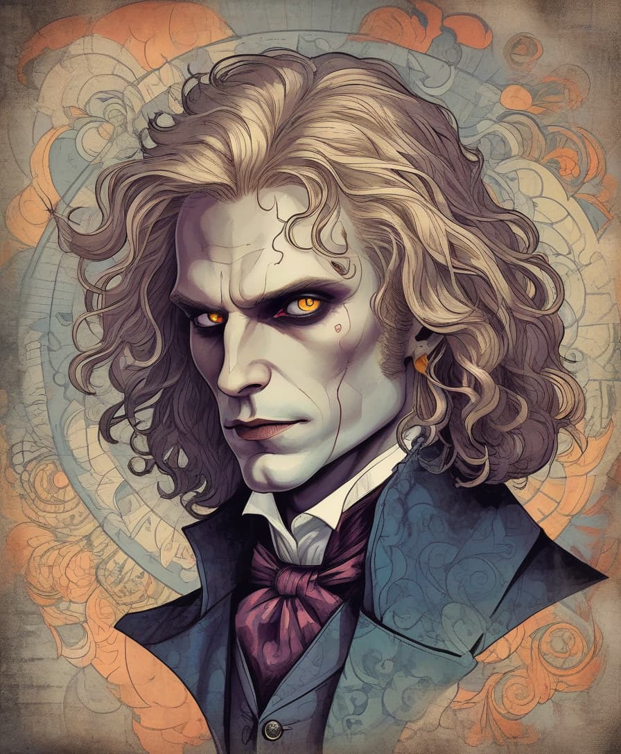  grunge style light, centered, colorful, modern illustration of a man vampire lestat with wild swirling hair full of landscapes. portrait, fibonacci sequence, tessellation, art nouveau, heavy outline comic book . textured, distressed, vintage, edgy, punk rock vibe, dirty, noisy