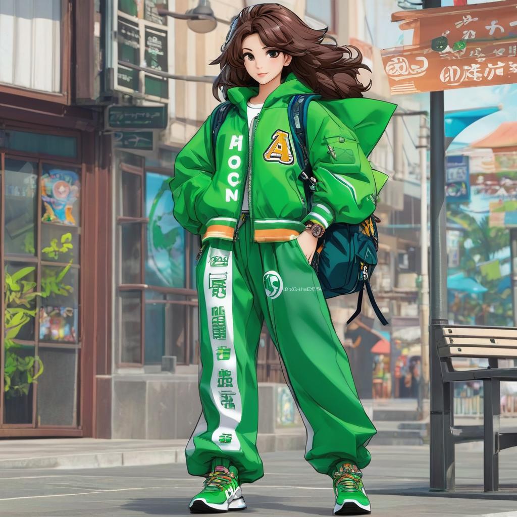  create a design in the manga style of a , big hair cacheado brown, using a green strip on the side of the pants, green , backpack on the coast, place the hair of the stuck character