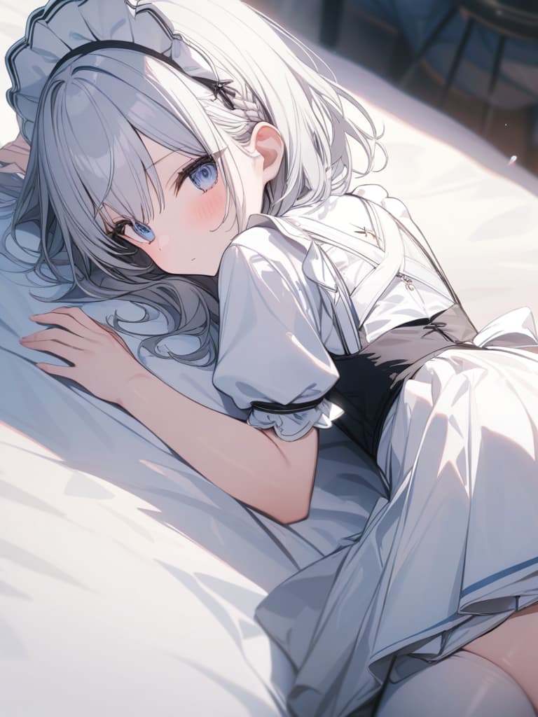  big s, silver hair, blue eyes, white maid, white headdress, beautiful , cute, white tights, short hair, front, masterpiece, best quality,8k,ultra detailed,high resolution,an extremely delicate and beautiful,hyper detail