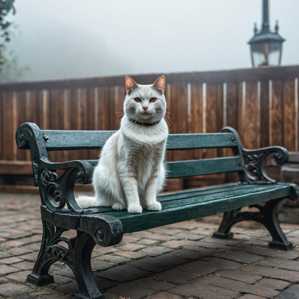  a cat sitting on a bench hyperrealistic, full body, detailed clothing, highly detailed, cinematic lighting, stunningly beautiful, intricate, sharp focus, f/1. 8, 85mm, (centered image composition), (professionally color graded), ((bright soft diffused light)), volumetric fog, trending on instagram, trending on tumblr, HDR 4K, 8K