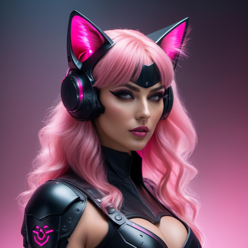   hdr photo of cyberpunk woman with pink details in black armor and cat ears. . high dynamic range, vivid, rich details, clear shadows and highlights, realistic, intense, enhanced contrast, highly detailed, oil painting hyperrealistic, full body, detailed clothing, highly detailed, cinematic lighting, stunningly beautiful, intricate, sharp focus, f/1. 8, 85mm, (centered image composition), (professionally color graded), ((bright soft diffused light)), volumetric fog, trending on instagram, trending on tumblr, hdr 4k, 8k hyperrealistic, full body, detailed clothing, highly detailed, cinematic lighting, stunningly beautiful, intricate, sharp focus, f/1. 8, 85mm, (centered image composition), (professionally color graded), ((bright soft diffused light)), volumetric fog, trending on instagram, trending on tumblr, HDR 4K, 8K