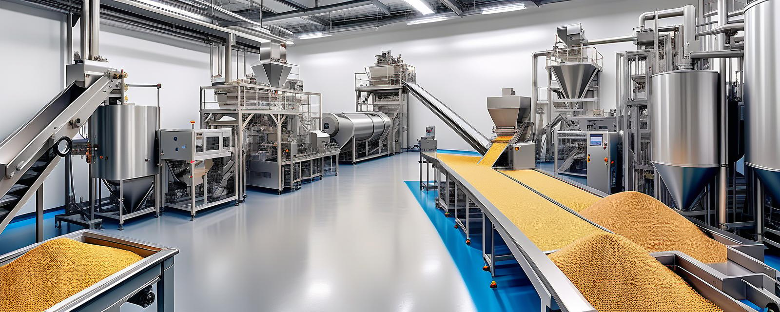  hdr photo of production line at the plant for the production of dry food for cats and dogs. white walls new equipment . high dynamic range, vivid, rich details, clear shadows and highlights, realistic, intense, enhanced contrast, highly detailed, perfect hands