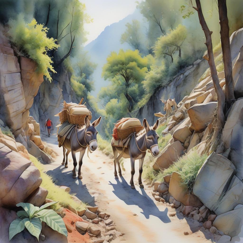  watercolor painting merchants climb donkeys up a narrow abandoned mountain road. around the dense forest . vibrant, beautiful, painterly, detailed, textural, artistic