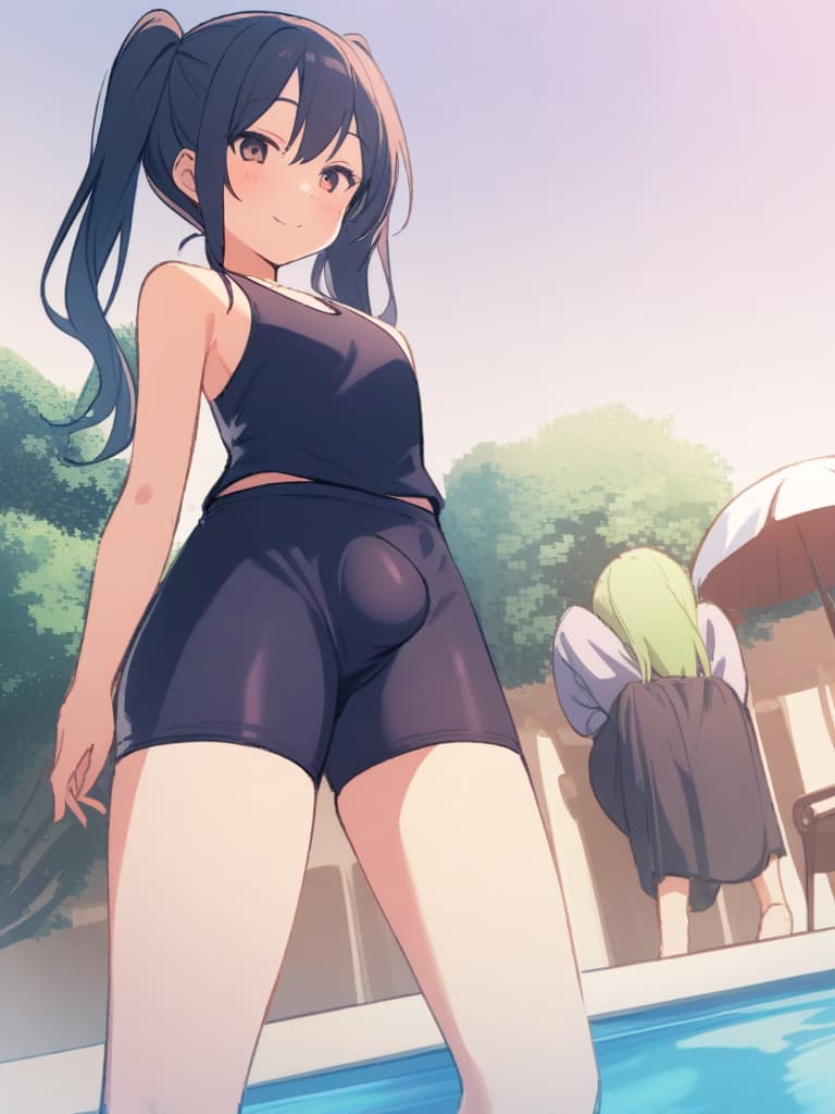  women's elementary students (male), twin tails, cute smiles, (rich s), low stature, dark blue swimwear, old swimwear, , simple, (upward), upward, (bulge), front, whole body, pool side ,,,