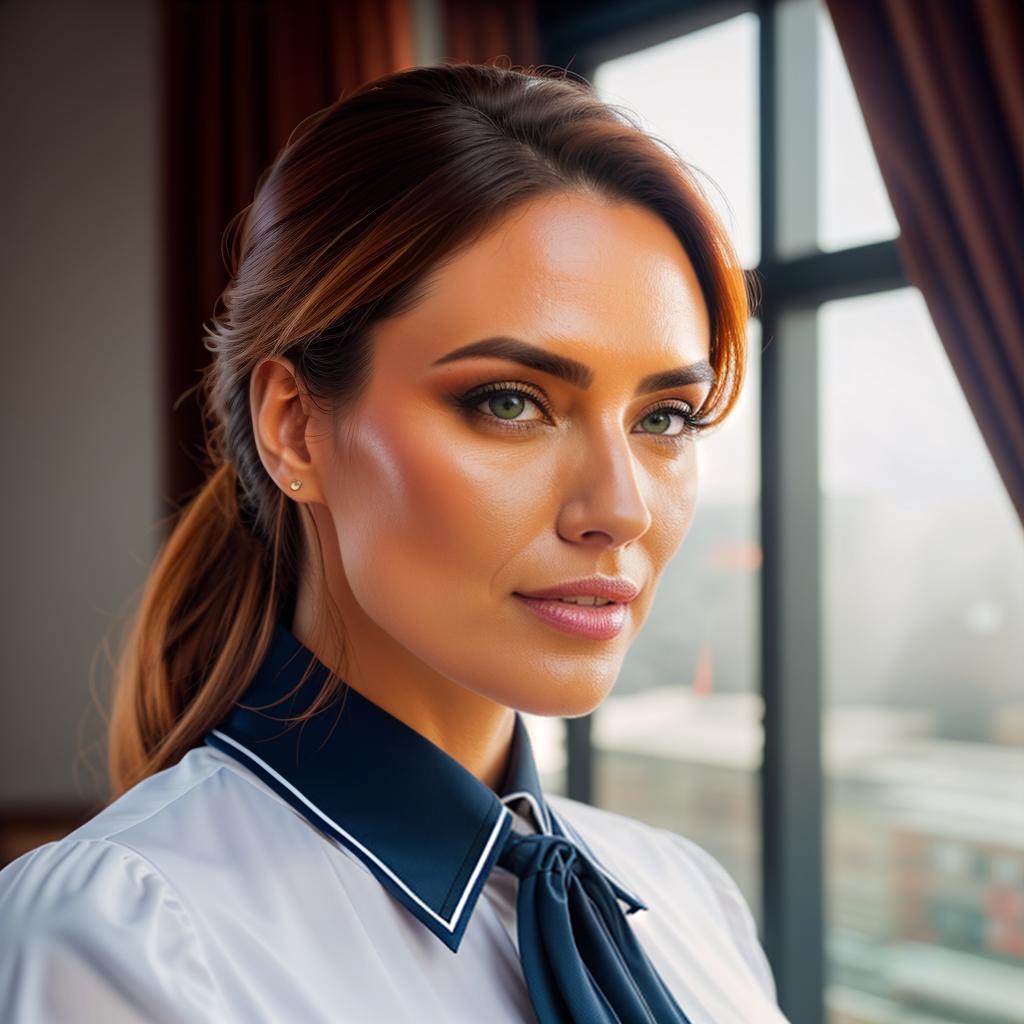  a beautiful American cabin crew portrait, big , big s, clear face, , uniform hyperrealistic, full body, detailed clothing, highly detailed, cinematic lighting, stunningly beautiful, intricate, sharp focus, f/1. 8, 85mm, (centered image composition), (professionally color graded), ((bright soft diffused light)), volumetric fog, trending on instagram, trending on tumblr, HDR 4K, 8K