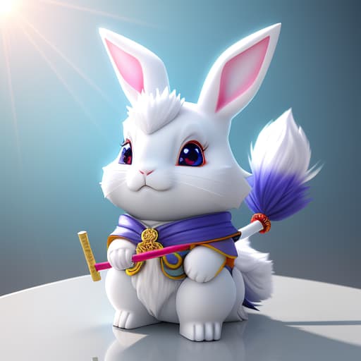  (Wizard samurai rabbit with stick in 4K 3DHer eyes are marbles and her is shiny glass. 3D 4K uhd Realistic marblelight shine light spread art glass parts on sky))