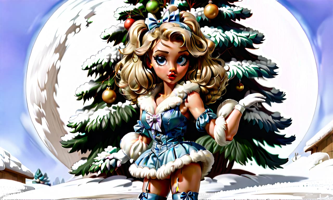  kawaii style "create a painting in the pin up style featuring a young woman with a cute face and makeup. she has light hair styled with large white bows on the sides, from which curly hair flows down. the woman is dressed in a short blue fur coat with a fluffy white fur collar, which accentuates her figure. her arms are extended along her body to mid thigh, with her wrists flared out to the sides. she wears nylon stockings and long white leather high heeled boots, standing as if on her toes. the scene depicts her standing straight in the snow, appearing to shiver from the cold, surrounded by snow and snowdrifts. to her right, there is a fluffy green christmas tree adorned with colorful ornaments and twinkling lights. the snow sparkles and g