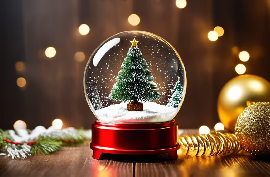  professional detailed photography, christmas snow globe with fir tree and golden decorations on wooden table. holiday background with bokeh lights. holiday decor. flat lay composition with copy space for design and print. ar 3:2, (muted colors, dim colors, soothing tones), (vsco:0.3)