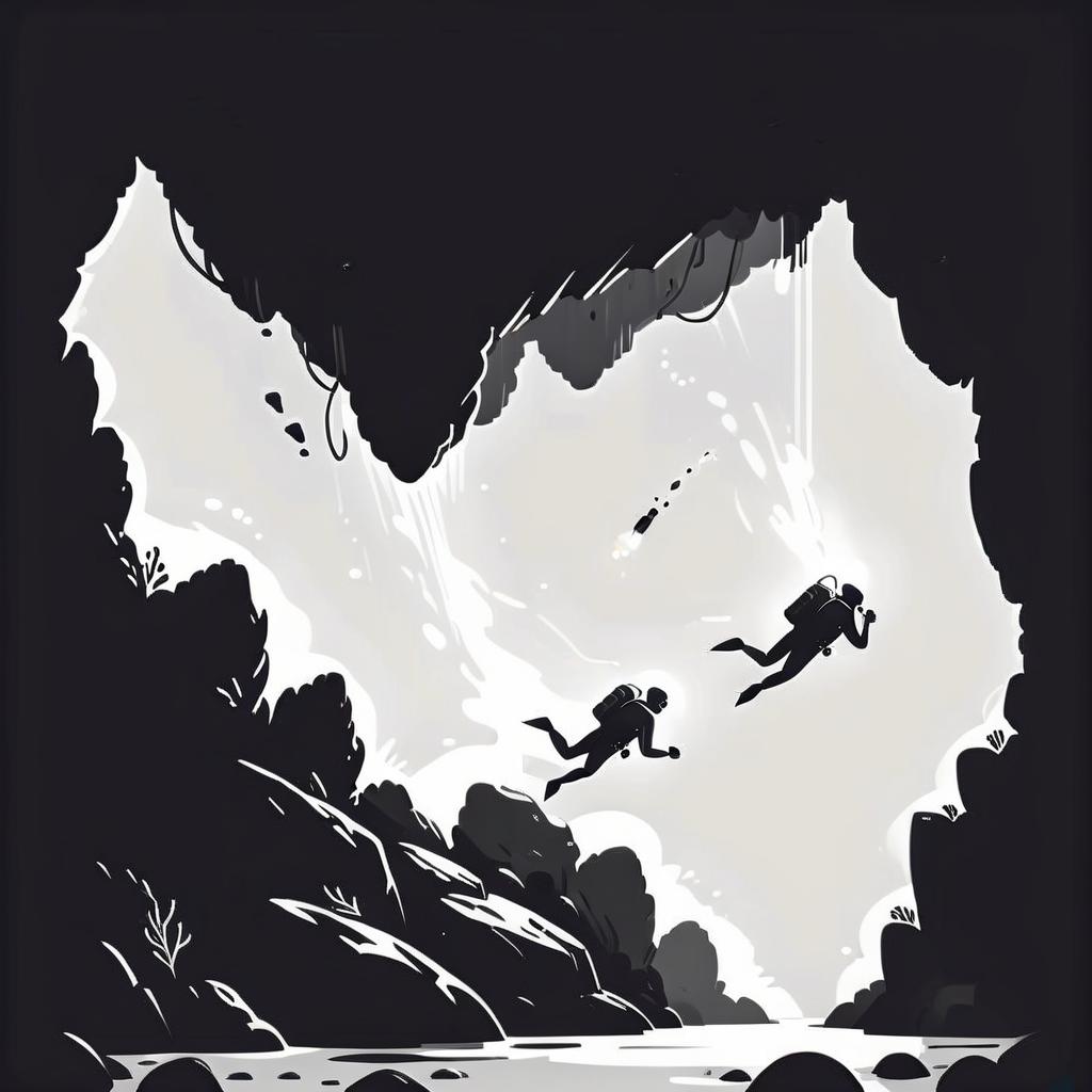  side view, two divers underwater plunged through rocks with flashlights, silhouettes, vector, minimalism, black and white image, logo