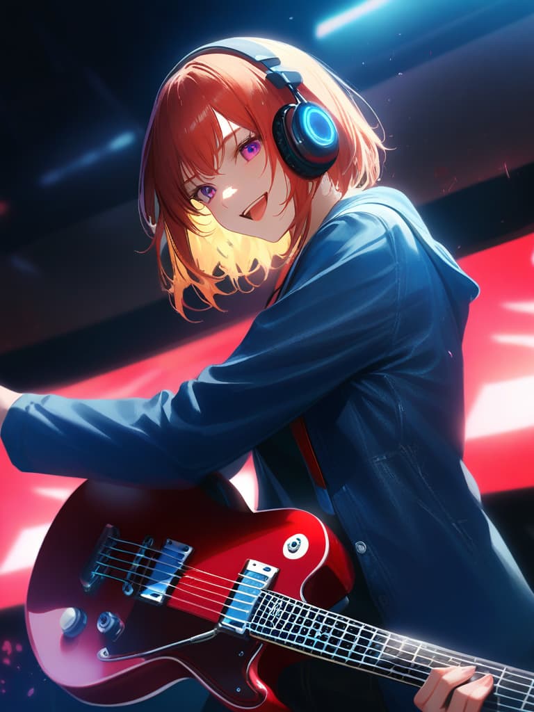  1boy,18yo,(((high school boys))),(((playing with an electric guitar:1.35))),green hair,short hair,purple eyes,headphone,very loud laugh,(((happy pose:1.3))),(((metallic focus:1.35))),music note effect,realistic