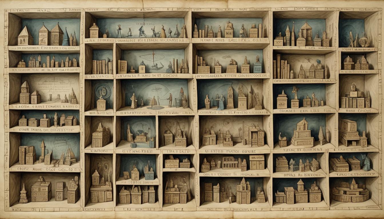  on parchment, surrealism+++, a shelf filled with labeled boxes, each representing a category, figures arranging the boxes, systematic, sterile, confined(mysterious, provocative, symbolic,muted color)+++