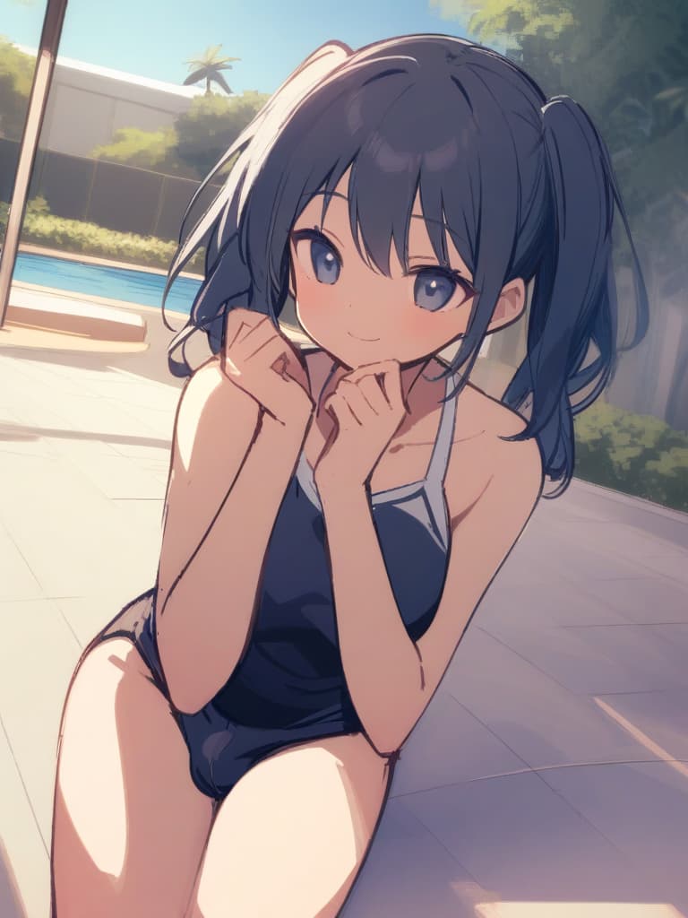  women's elementary students (male), twin tails, cute smiles, (rich s), low stature, dark blue swimwear, old swimwear, , simple (upward), male , (bulge), shaped clear , front , whole body, pool side,