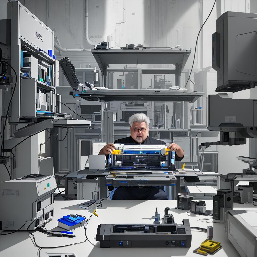  masterpiece, best quality, Best Quality, Masterpiece, 8k resolution,high resolution concept art of it repair shop called Roca Systems with two engineers fixing a printer one grey haired and other quite chubby