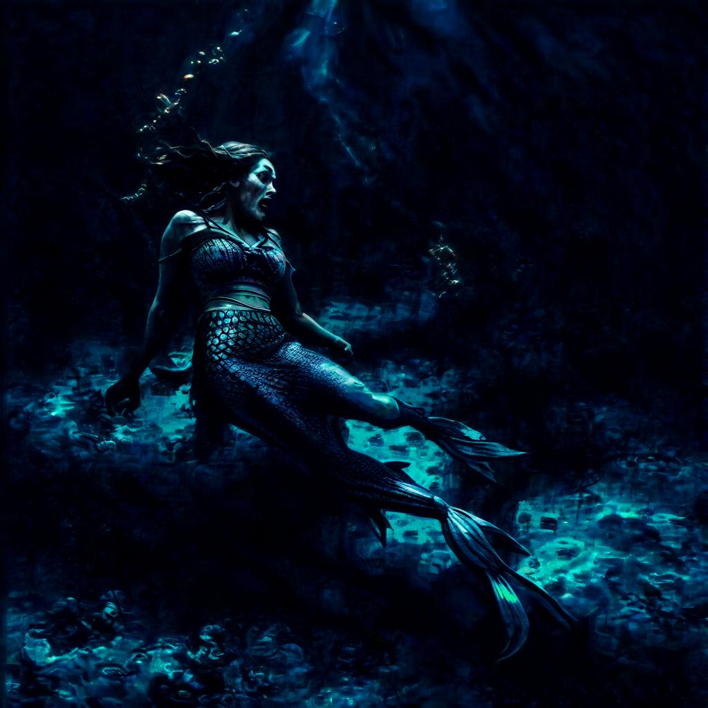  horror, art, creepy mermaid girl grabs the leg of a man and pulls to the bottom under dark water, he breaks out and he is afraid and he begins to vomit blood