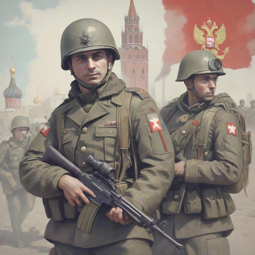  create a patriotic picture about russian soldiers in the style of dot 2