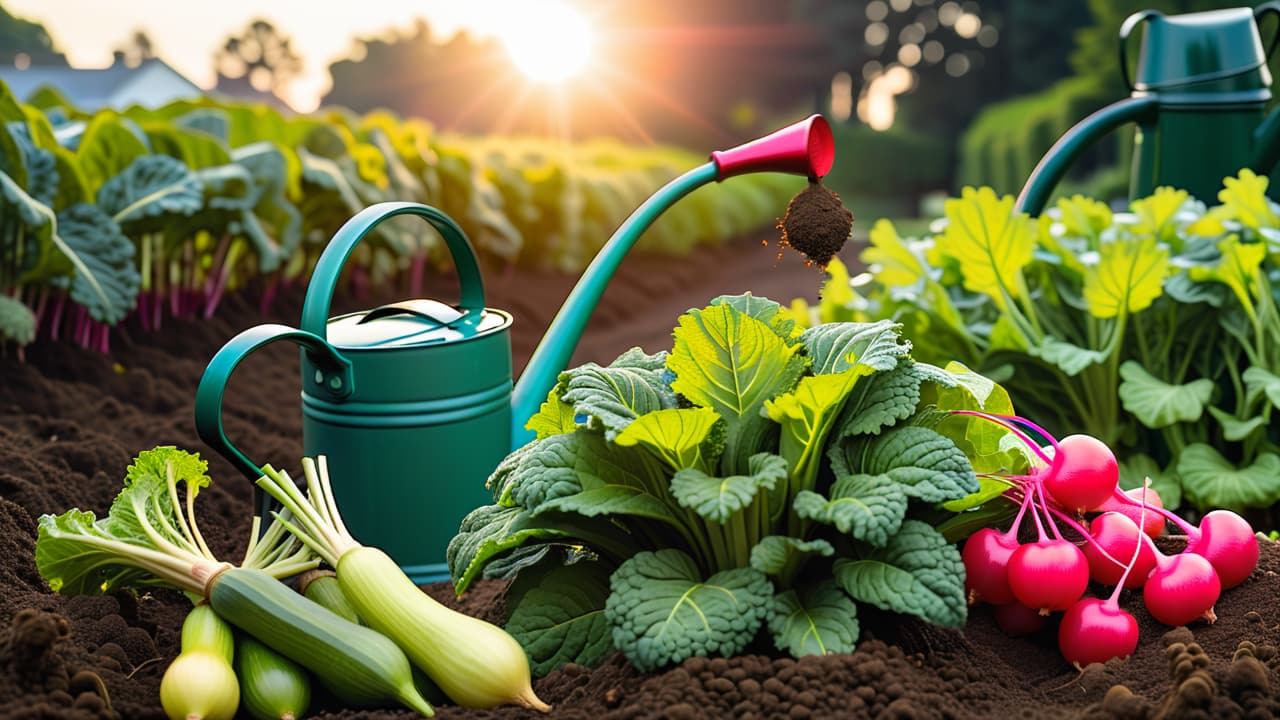  a vibrant garden scene featuring low maintenance vegetables like kale, radishes, and zucchini, surrounded by rich soil, a watering can, and sun drenched leaves, showcasing lush greenery and healthy, bright produce. hyperrealistic, full body, detailed clothing, highly detailed, cinematic lighting, stunningly beautiful, intricate, sharp focus, f/1. 8, 85mm, (centered image composition), (professionally color graded), ((bright soft diffused light)), volumetric fog, trending on instagram, trending on tumblr, HDR 4K, 8K