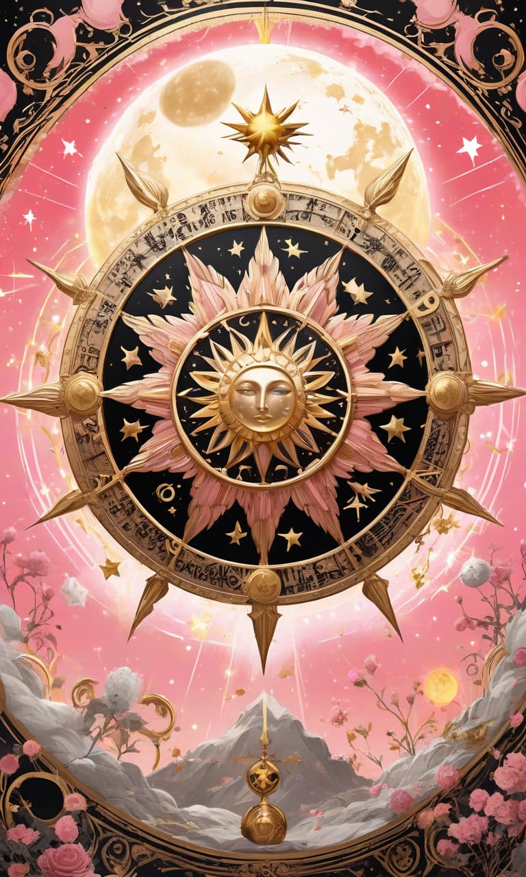  concept art pink, gold, black, white tarot wheel of fortune everywhere stars, moon, sun . digital artwork, illustrative, painterly, matte painting, highly detailed, perfect hands