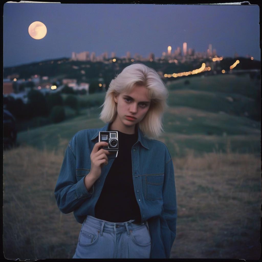  analog film photo the girl platinum blonde takes pictures on the polaroid in a black shirt, next to the guy there is a blonde in a denim shirt, standing by the car in black color, a view from the hill, in the background the city, the time of twilight, full light moon, style 80 90s. . faded film, desaturated, 35mm photo, grainy, vignette, vintage, kodachrome, lomography, stained, highly detailed, found footage