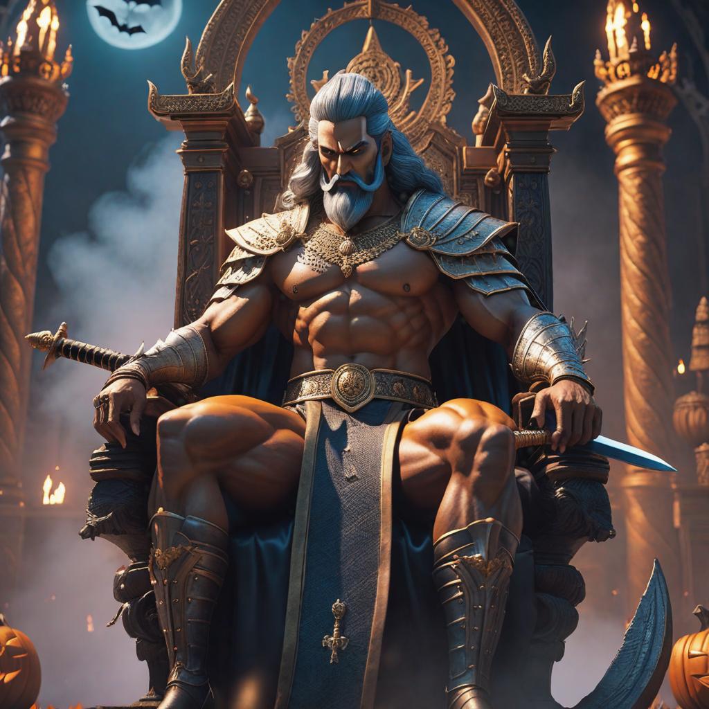  shriram is a god with a sword sitting on a king chair , ((halloween)) hyperrealistic, full body, detailed clothing, highly detailed, cinematic lighting, stunningly beautiful, intricate, sharp focus, f/1. 8, 85mm, (centered image composition), (professionally color graded), ((bright soft diffused light)), volumetric fog, trending on instagram, trending on tumblr, HDR 4K, 8K