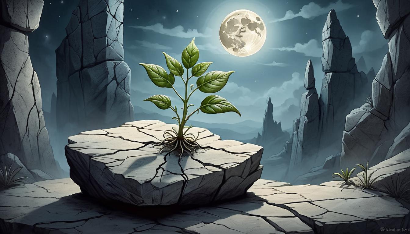  on parchment, surrealism+++, a small plant growing out of a cracked stone, moonlight illuminating, silent growth, rebirth, independence(mysterious, provocative, symbolic,muted color)+++