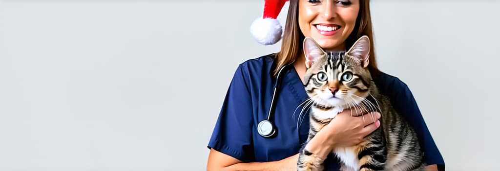  professional detailed photography, veterinarian in santa hat holding cat on right on light background, free space for text on left ar 3:1, (muted colors, dim colors, soothing tones), (vsco:0.3)