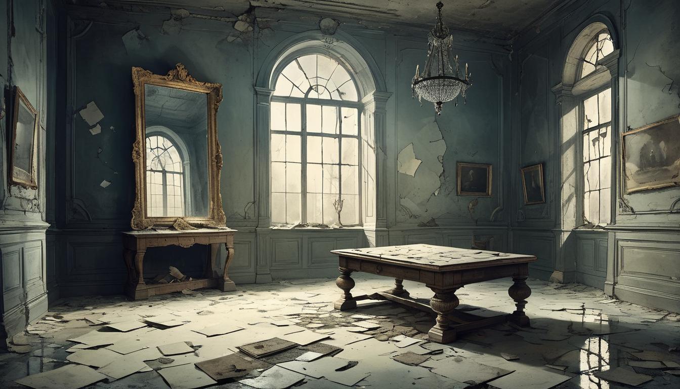  on parchment, surrealism+++, a fragmented mirror in an empty room, pieces scattered on the floor, single light source casting a dim glow, sense of neglect, abandonment, broken reflections(mysterious, provocative, symbolic,muted color)+++