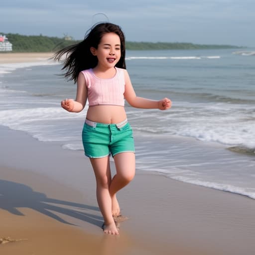  girl child wearing only shorts playing on beach