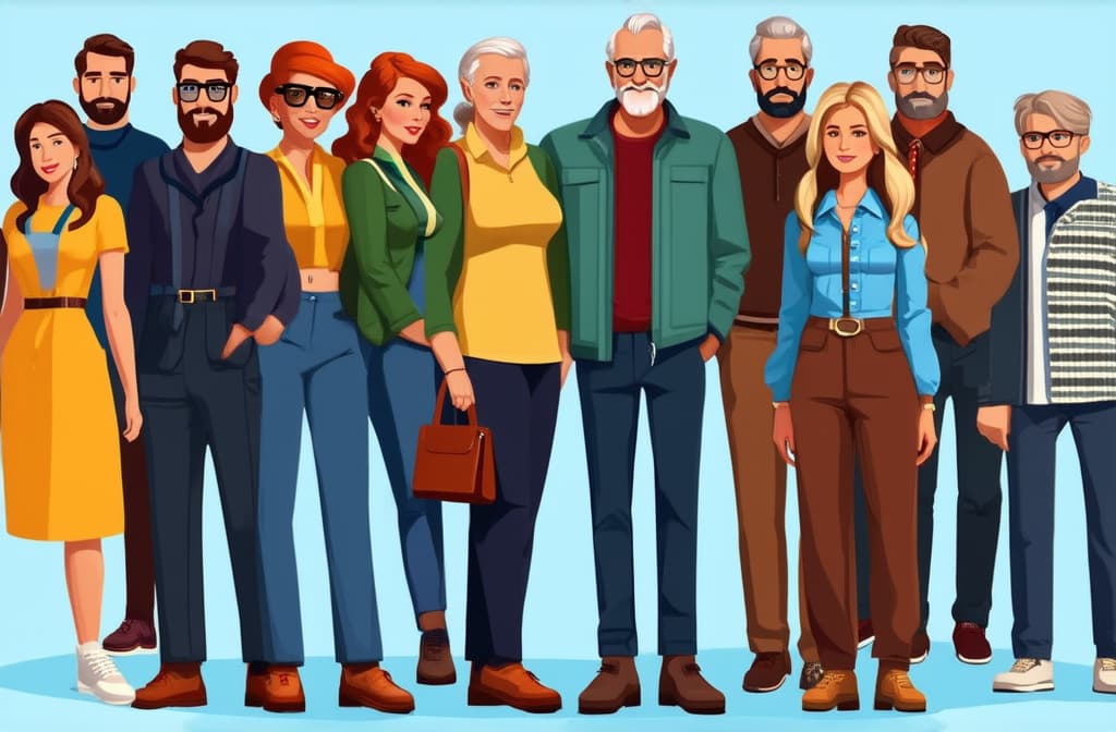  crowd of young and old men and women in trendy hipster clothes. diverse group of stylish people standing together. society or population, social diversity. flat cartoon vector illustration. ar 3:2 {prompt}, maximum details