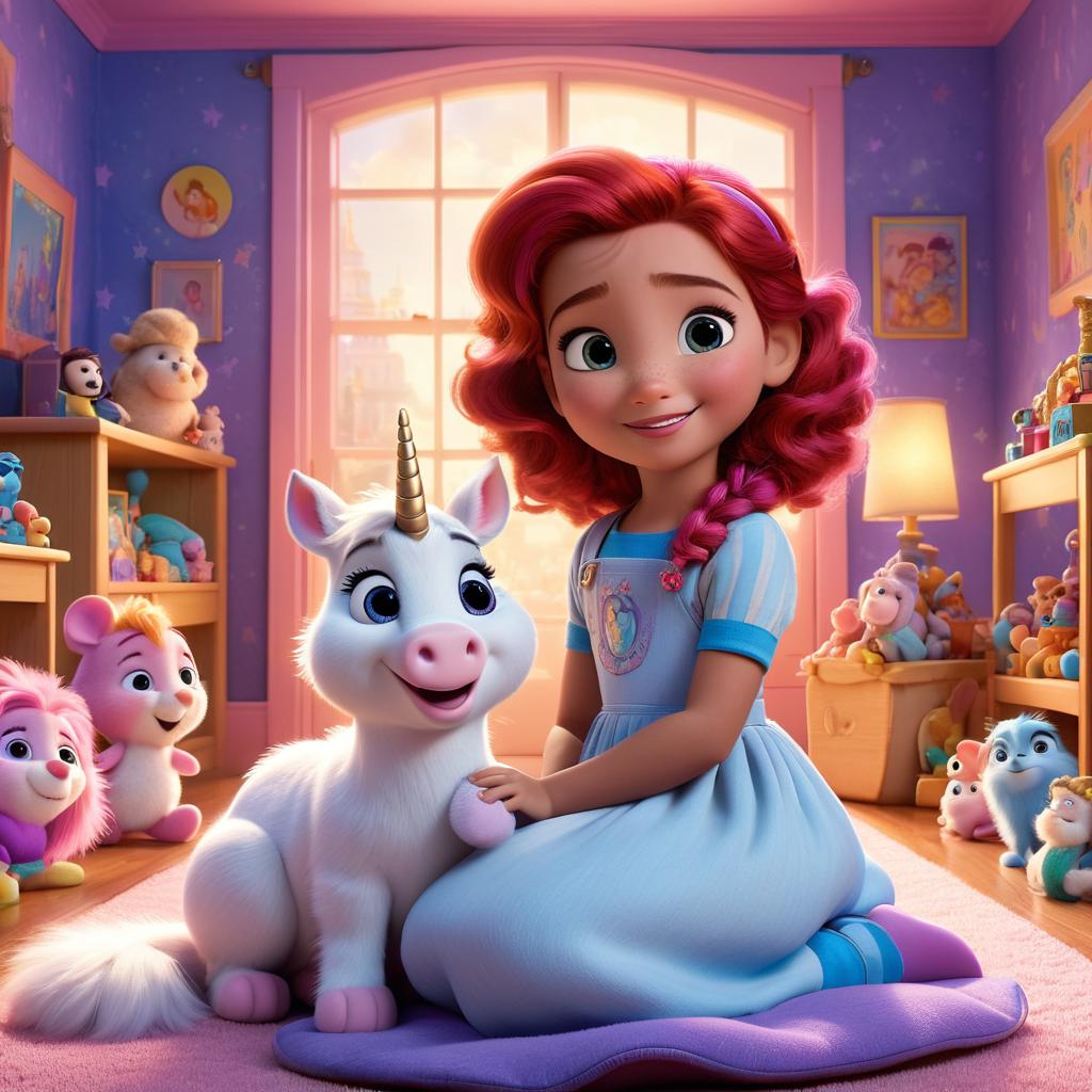  in 3d animated movie style. disney pixar style. fatima, a with red hair, plays joyfully in her room with toys named mr. snuggles, luna the unicorn, captain bubbles, whiskers the mouse, and mr. oakey. the room is a whimsical haven filled with colorful toys, fluffy pillows, and a glowing night lamp, creating a cozy and magical atmosphere. captured in high resolution pixar 3d animated film style, the scene features pastel shades of pink, purple, and blue, accentuated by soft, warm lighting. the composition is from a 's eye level perspective, highlighting the wonder and imagination of fatima's playtime.